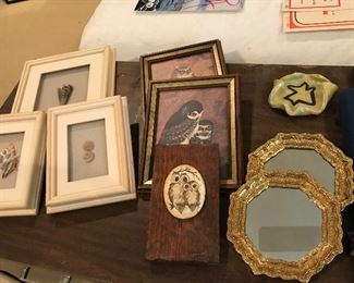 Set of 3 Framed Shells -- $15                                              
GROUP LOT of 3 Owl Pictures -- $10                                    Pair Gold Mirrors -- $8