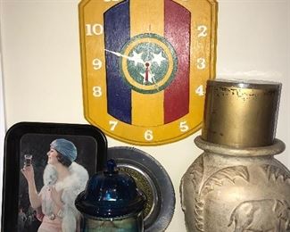 Reprod. Coke Tray  -- $10                                                   Elephant Candle Holder -- $20                                         Military Patch Clock -- $20