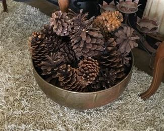 Brass Bowl with Pine Cones -- $40                                         
Iron Candle Stand (with leaves) -- $10