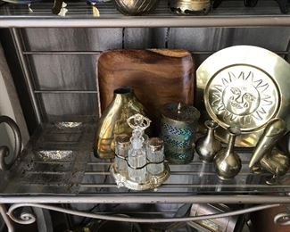 Wooden Tray -- $10                                                                       Glass Cruet Set -- $20                                                                  Brass Bottle makes 2nd of pair in BR 1