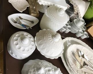 Square Milk Glass Cake Stand -- $40
Oval footed Milk Glass Fruit Bowl -- $20
Kemple “Lace & Dewdrop” Covered Milk Glass Bowl -- 
$30
Hobnail Milk Glass Cookie Jar -- $20
 Milk Glass "King's Crown" Covered Bowl -- $10