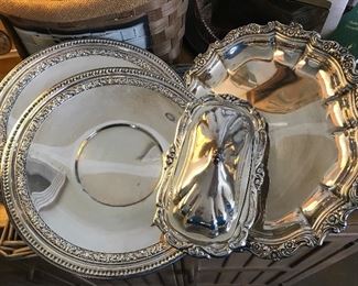 2 Round Reed & Barton Silver Plated Trays -- $10 EACH  Ornate Oval Silver Plated Tray -- $15
