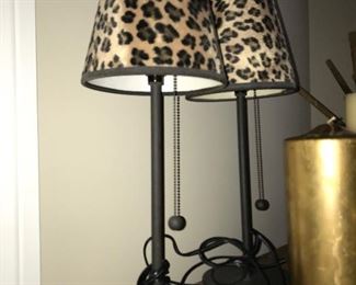 PAIR of Black Metal Lamps with Leopard Shades -- $30
