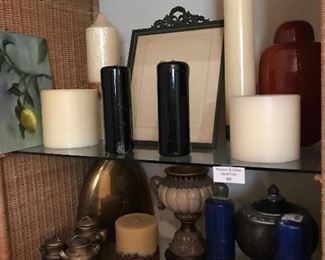 Lemon Oil by Kathy Ward -- $30                                      
Orange Ginger Jar -- $10                                                        PAIR of Brass bottle vases (2nd smaller one not pictured) -- $20                                                                      Ceramic & mixed metals footed decor Urn -- $15  Pewter finish covered Footed Bowl -- $10                       Set of 3 gold finish small covered pots -- $10    