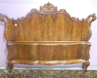 Burl Walnut French Swan Carved Full Size Bed