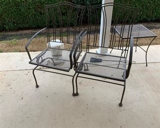 #67 (2) Metal Springy Chairs $75 each #68 Wrought Iron Side table 19square x 21 $30.00