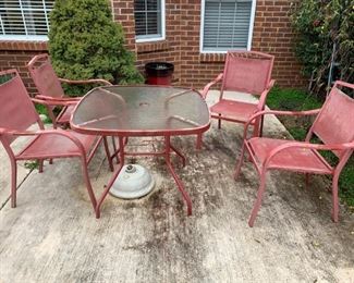 #66 Glass Top Square Wrought iron Red Painted Table/4 chairs 35sqx28 $45.00