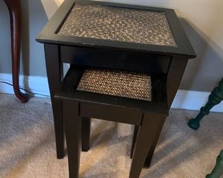 #5 2 stacking black end tables w/grass cloth 18x16x22.5 $75.00