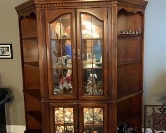 #9 Wood Curio Display cabinet w/2 corner pieces (center top& Bottom both lighted) 68x20x76 $300.00