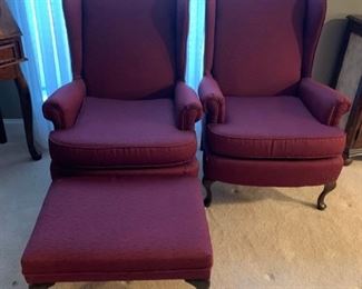 #11 (2) Burgundy Wingback Chair $75 each
#12 Burgundy matching Stool for Wingback $20.00