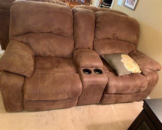 #16 Ashley Microfiber Brown Double Recliner sofa w/cup holders w/cubby storage 79" Long $275.00