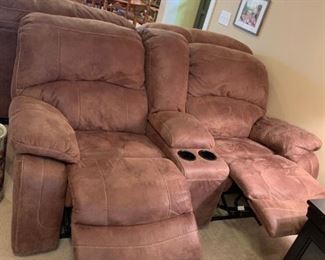 #16 Ashley Microfiber Brown Double Recliner sofa w/cup holders w/cubby storage 79" Long $275.00