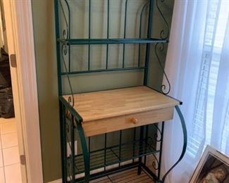 #26 Green Iron bakers Rack w/wood Drawer 28x21x67 $75.00