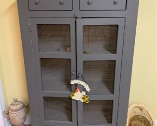 #29 wood Gray painted Chicken Wire Front Cabinet w/2 drawers 38x14x61 $125.00