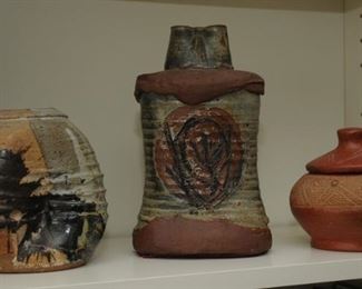 [96] [2]STUDIO POTTERY AND [1] AFRICAN COVERED POT  LEFT TWO $45.00 EACH ~ RIGHT AFRICAN POT  $90.00