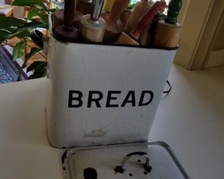 antique enameled bread tin, with collection of antique rolling pins