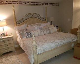 King bedroom set. 4 poster bed, 2 night tables, tall armoire.  MAYBE the decor pillows. Bed: $125.00. night tables: $60 pair