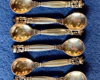 $295 Sterling Silver Georg Jensen "Acorn" set of 8 salt spoons.  2 1/4 inches each.
