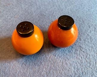 $30 Bakelite Butterscotch Salt & Pepper Shakers with Black Lids.  Approx 1.5 in high.