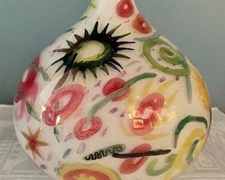 $825 Anthony Corradetti  "Artisan Collection" 2014.  (Baltimore). White bulb hand painted vase. 8.5 x 7 in.