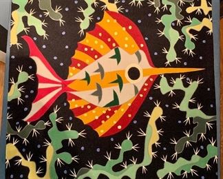 $675 French MCM Fish wall tapestry/hanging.  Wool felt.  Signed "Fabrice, 1961 on front and reverse.   80 cm x 91 cm. 
