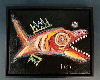 $375 Matt Sesow "Fish" 2012.  Oil and acrylic on canvas.  Custom framed by owner. 11in  x 14 in