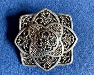 $40 Sterling square filigree pin/pendant.  Stamped "925" and "BA" on reverse.  2 in x 2 in.  Approx. 31 g.