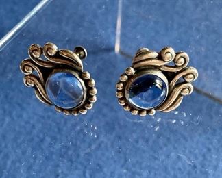 $95 Vintage Los Costillo screw back earrings with blue cabochon stone.  "Los Costillo" and "388" stamped on reverse.