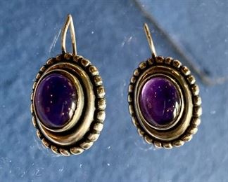 $45 Sterling Silver oval earrings with purple cabochon on wire.  6.38g.