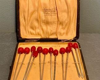 $150 Twelve vintage Art Deco sterling cocktail picks in box marked Simons & Co Sterling Silver "Buenos Aires"