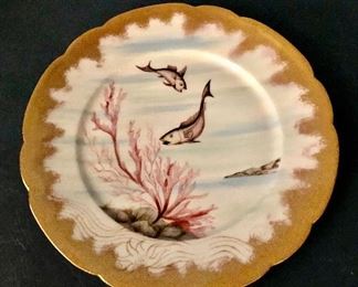 CF Haviland Limoges late 19th century hand painted fish plates.  Set of 12.  Plate 1 of 12. 