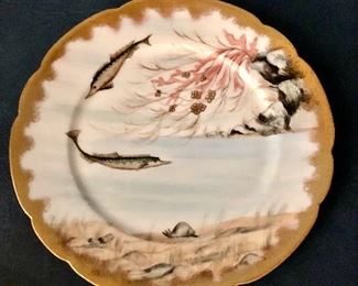 CF Haviland Limoges late 19th century hand painted fish plates.  Set of 12.  Plate 2 of 12. 