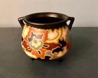 $110 Gouda footed pot with handles #348 Regina pattern signed Rosario