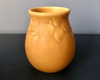 $125 Rookwood #2122 made in 1926 yellow matte vase with leaf and floral pattern around lip 4.50 inch H 