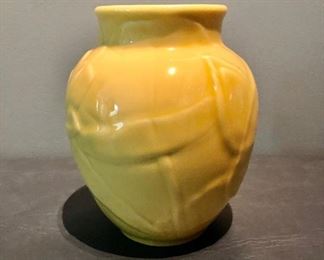 $155 Rookwood #6833 made in 1949 high gloss yellow vase with lotus flowers 