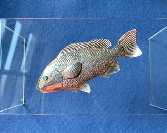 $95 Courtney Peterson sterling fish pin with opal eyes
3.5 inches
Signed on clasp
