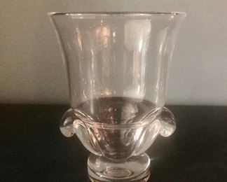$75 Steuben crystal vase with scroll handles on pedestal 6”H 4”D 
