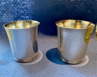 $225 S.Kirk Sterling Silver Shot glasses - pair 2.25 inches high with ridged base detail
No monogram
90g total weight
