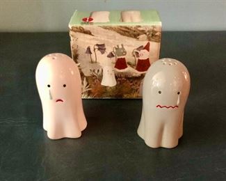 $160 Sad ghost salt and pepper shakers with box designed by Marcel Dzama (limited edition of 2500) 3”H