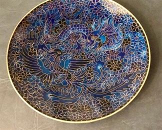 $30 two-toned blue metal enameled plate with gold embellishments 10”D