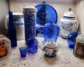 Blue Bowl on Stand - $12 - Spongware Canister $10 - Crock Pitcher $12.00 - SOLD Ginger Jar - $10.00 - Burner Jar -$5.00