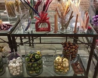 Christmas bulbs candles jars wooden boxes 