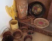Tole painted round metal tray, approximately 19.5" diameter with floral pattern. Assorted baskets and woven decor,