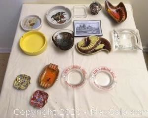 Vintage and advertising ashtrays. Lot also includes Murano glass ashtray. Ronson silver-plate table cigarette lighter