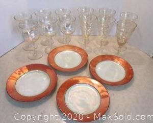 12 Pearlescent luster stems and 4 lusterware plates made in Czechoslovakia.