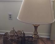 Hanging plug in lamp with chain and glass panels. One brass table lamp