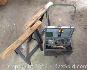 Wheeled Toolbox With Tools, Sawhorses