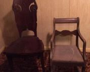 1 unique high back wooden chair with carved scroll work. One child rocker 