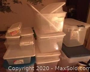 An assortment of plastic Storage bins. 