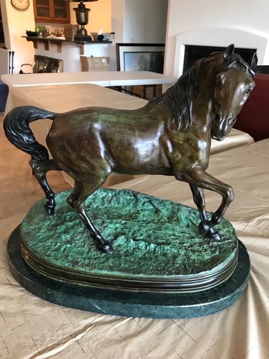 Bronze Arab Stallion Sculpture by E. Benezit artist Pierre Jules Mene (1810-1879)  The sculpture base measures 12" by 20".  From the bottom of the base to the tip of the horses ear is 17" tall. This sculpture is beautiful!!